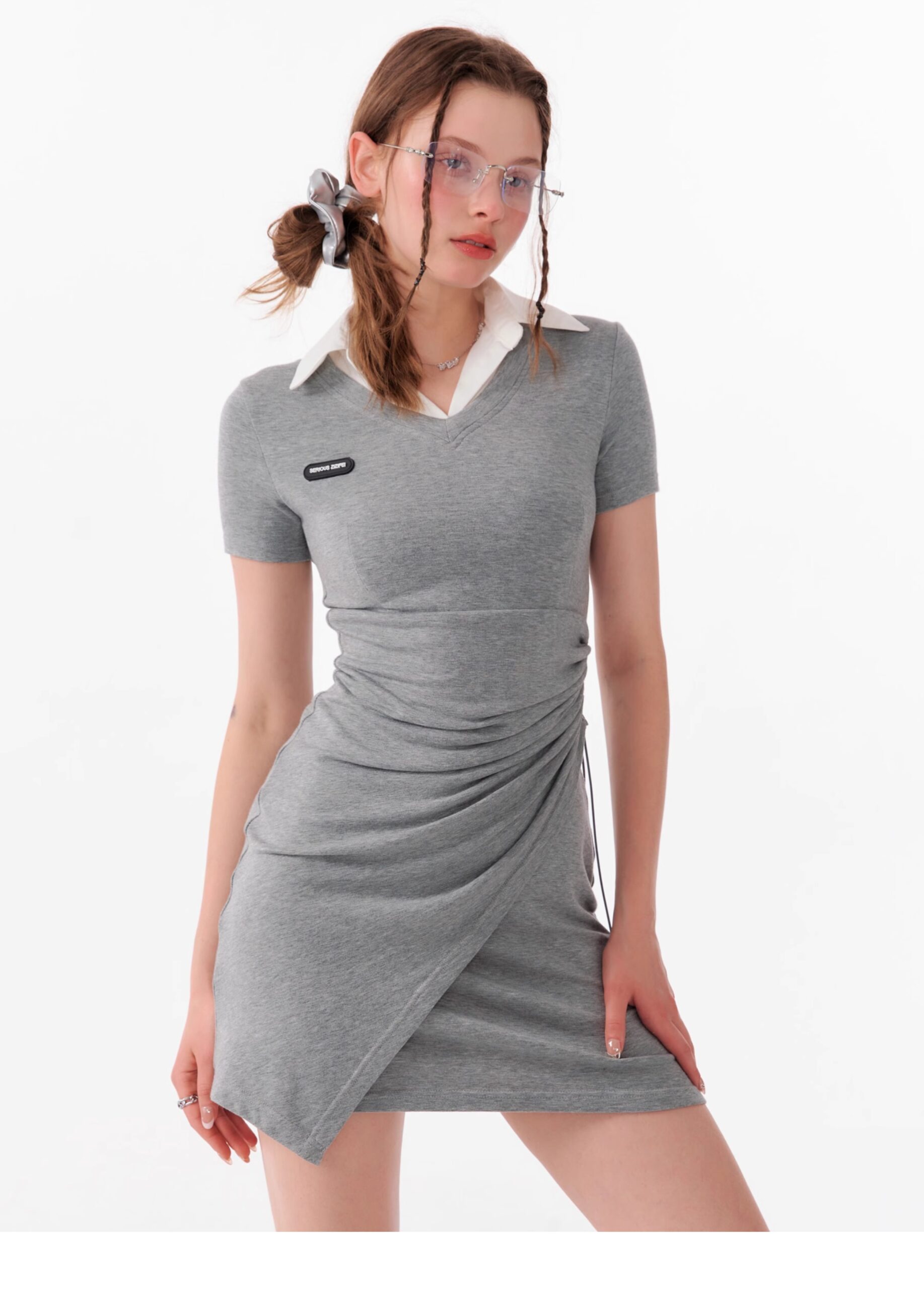 American Style False Two-Piece Dress - Polo Collar Short Sleeve Dress with Drawstring Waist & Smocking Details - Image 10