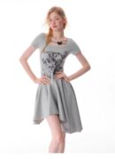 American Style Butterfly Print Dress - Defined Waist Short Sleeve Dress with Asymmetric Pleated Hem