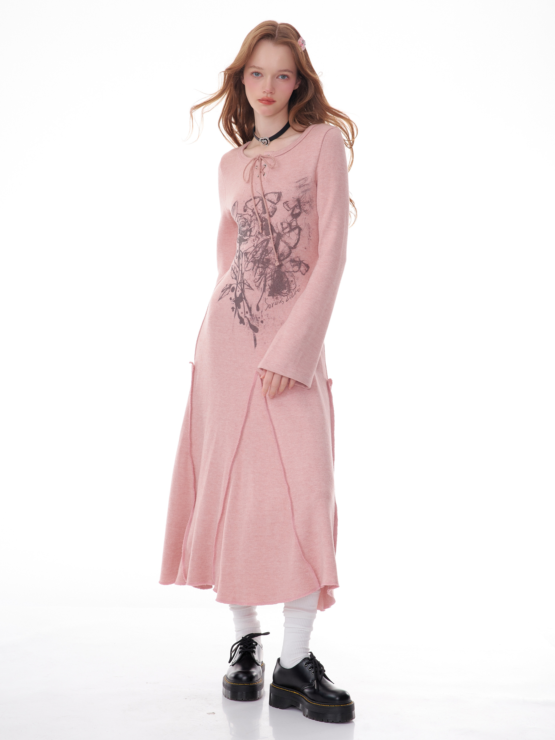 Winter Rose Print Knit Dress - Heavyweight Wool Blend Long Sleeve Bodycon Midi Dress - Image 23