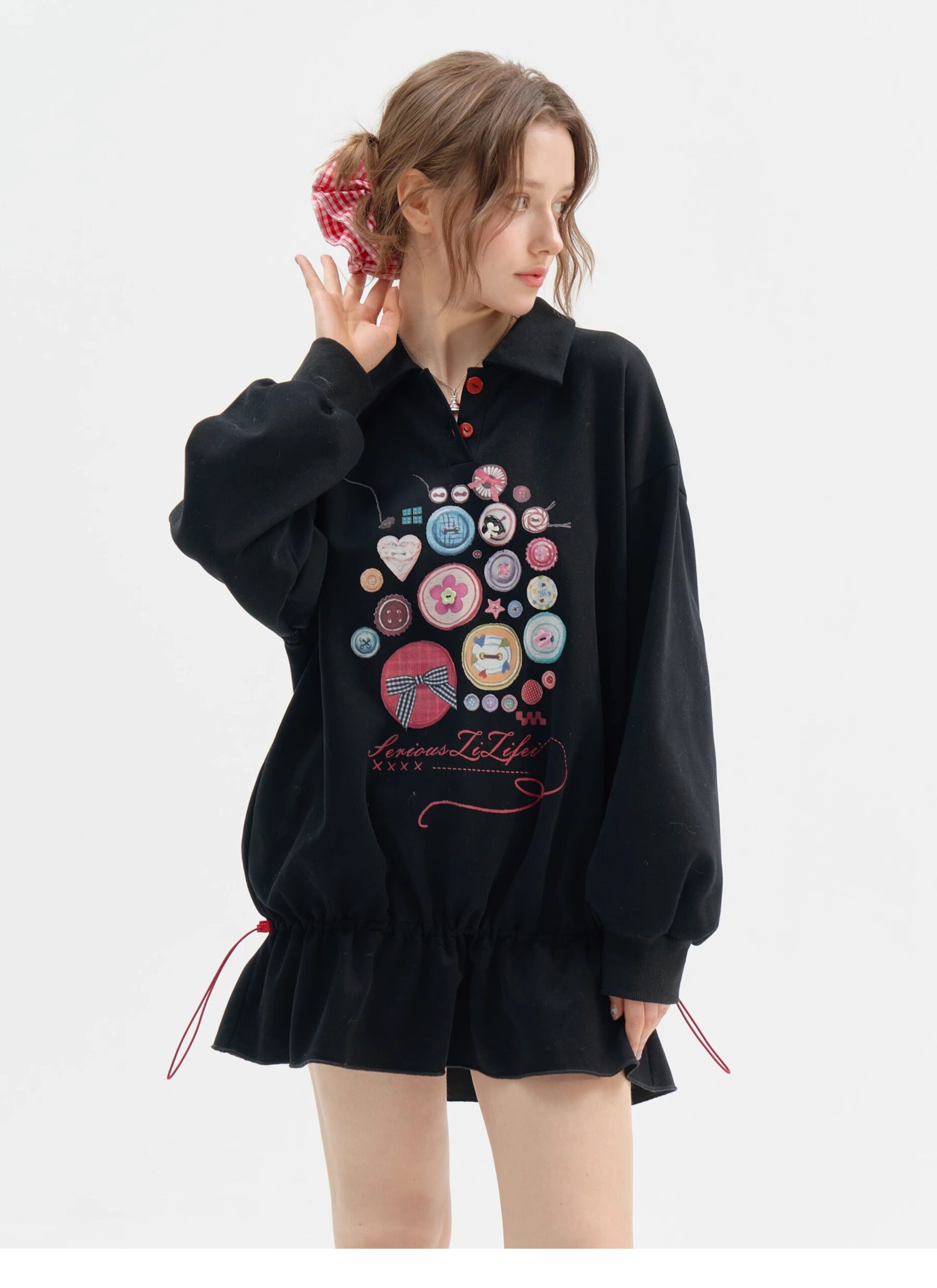 Vintage Button-Detail Polo Dress - Retro Print Pullover Sweatshirt Dress with Tailored Waist - Image 18