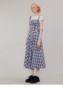 American Vintage Square Neck Dress - Blue Grid Print Bodycon Slit Maxi Dress with Tailored Waist