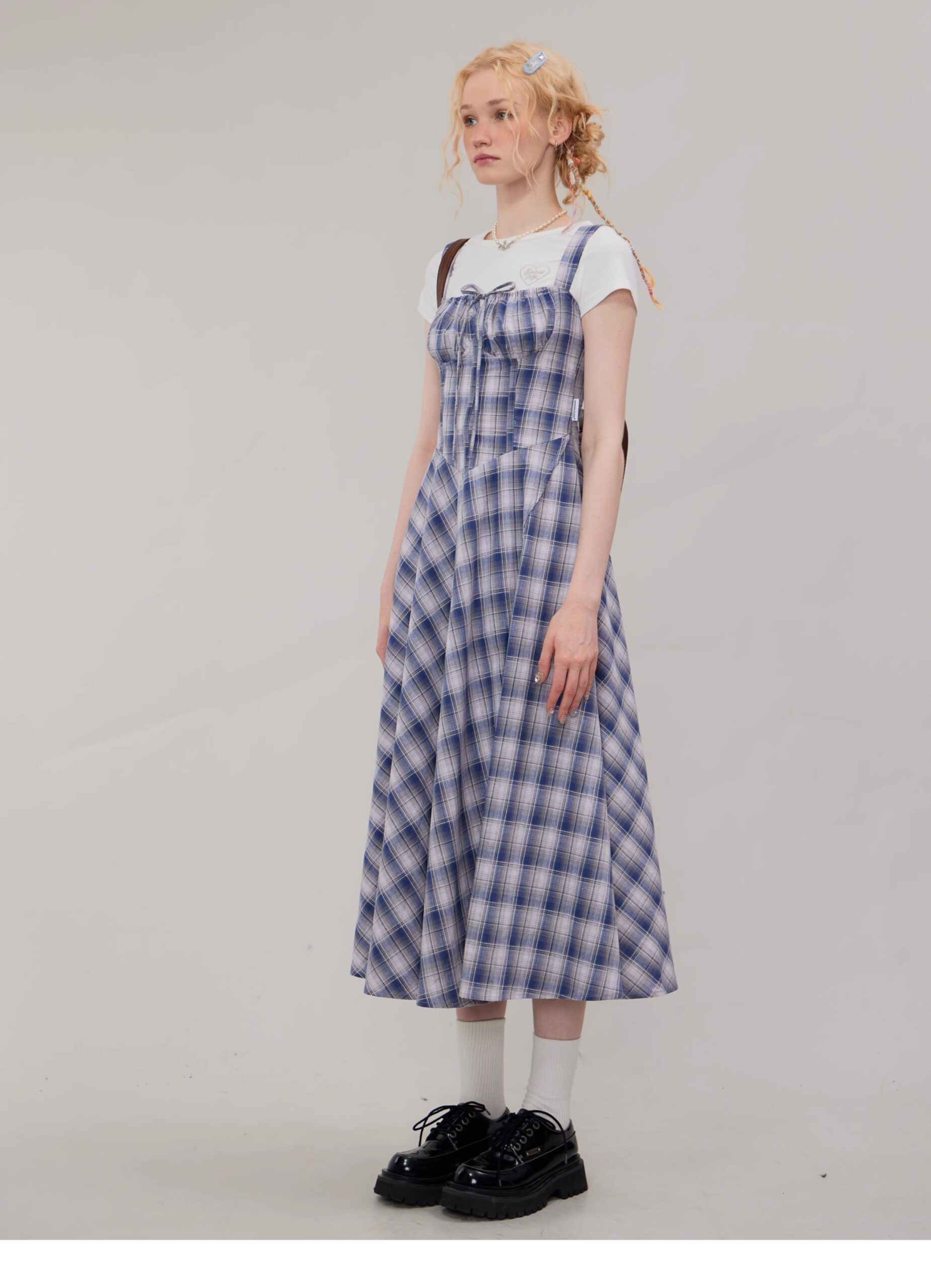 American Vintage Square Neck Dress - Blue Grid Print Bodycon Slit Maxi Dress with Tailored Waist - Image 19
