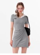 American Style False Two-Piece Dress - Polo Collar Short Sleeve Dress with Drawstring Waist & Smocking Details