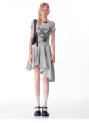 American Style Butterfly Print Dress - Defined Waist Short Sleeve Dress with Asymmetric Pleated Hem