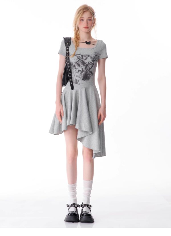 American Style Butterfly Print Dress - Defined Waist Short Sleeve Dress with Asymmetric Pleated Hem - Image 18