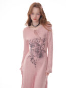 Winter Rose Print Knit Dress - Heavyweight Wool Blend Long Sleeve Bodycon Midi Dress