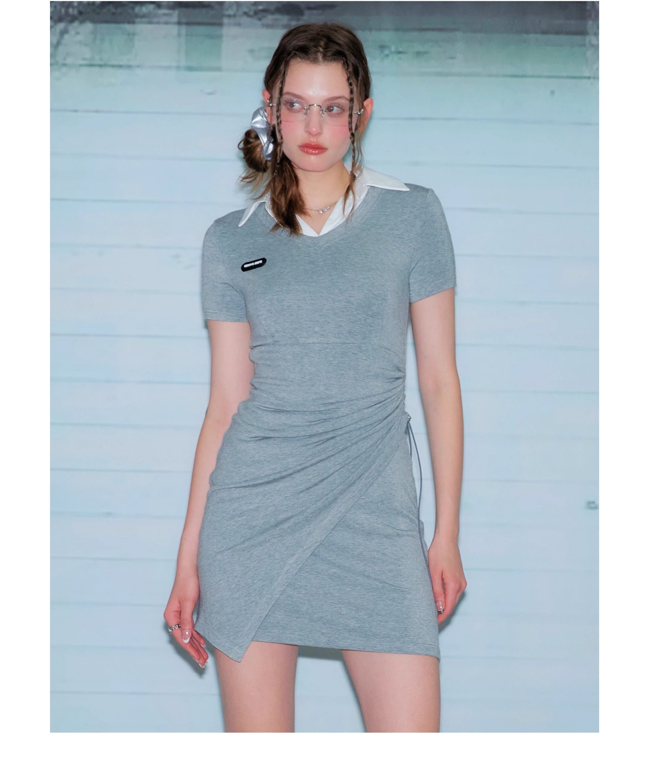 American Style False Two-Piece Dress - Polo Collar Short Sleeve Dress with Drawstring Waist & Smocking Details - Image 12
