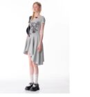 American Style Butterfly Print Dress - Defined Waist Short Sleeve Dress with Asymmetric Pleated Hem