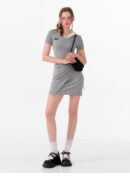 American Style False Two-Piece Dress - Polo Collar Short Sleeve Dress with Drawstring Waist & Smocking Details