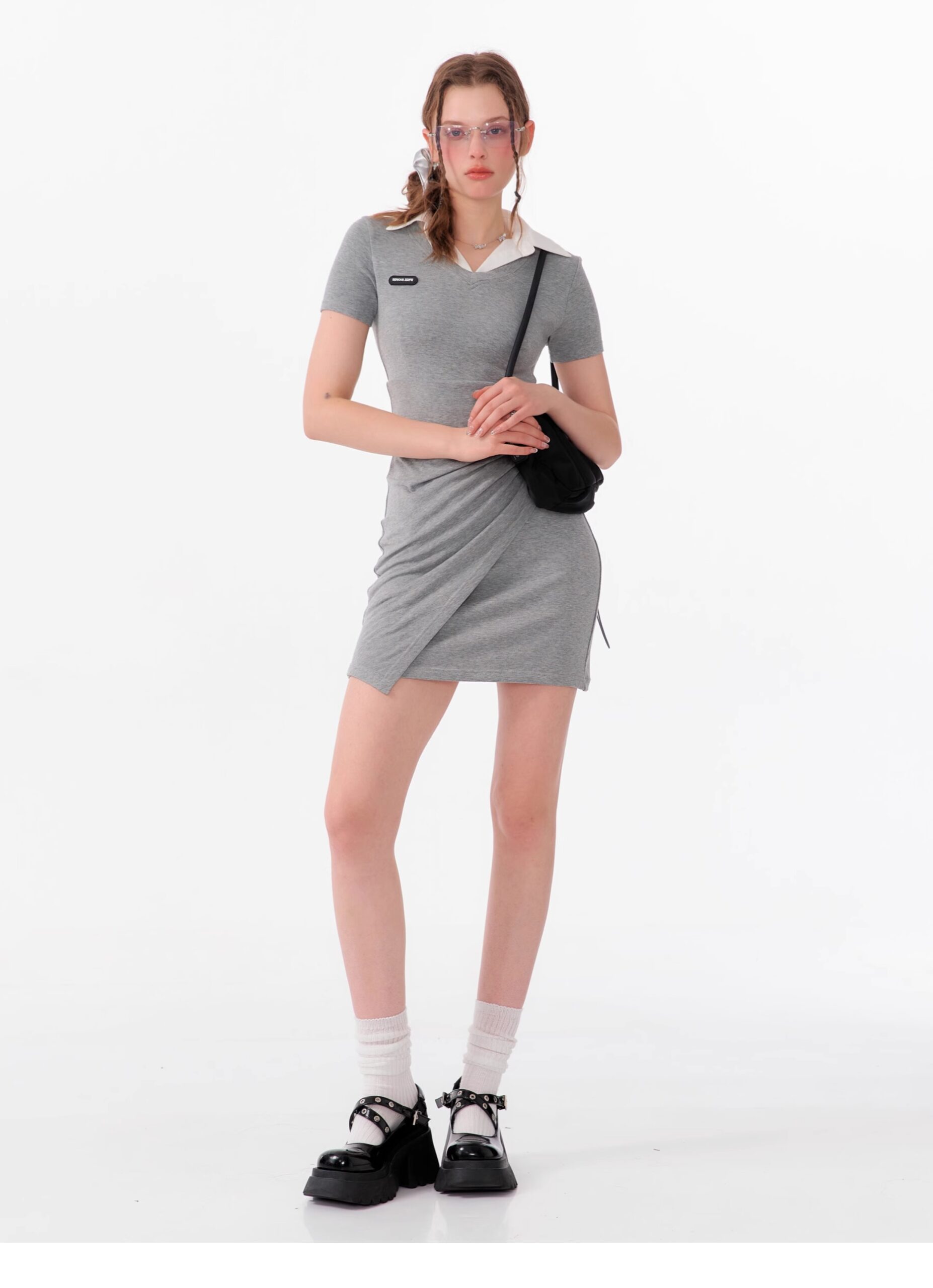American Style False Two-Piece Dress - Polo Collar Short Sleeve Dress with Drawstring Waist & Smocking Details - Image 13