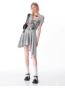 American Style Butterfly Print Dress - Defined Waist Short Sleeve Dress with Asymmetric Pleated Hem