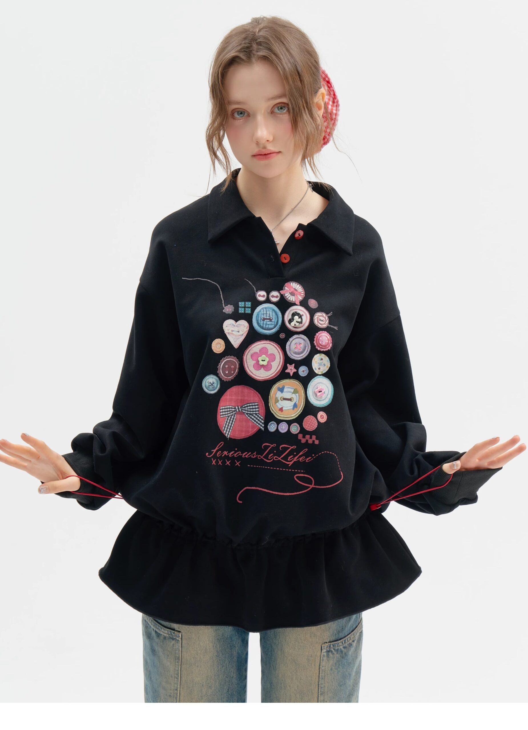 Vintage Button-Detail Polo Dress - Retro Print Pullover Sweatshirt Dress with Tailored Waist - Image 21