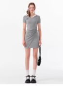 American Style False Two-Piece Dress - Polo Collar Short Sleeve Dress with Drawstring Waist & Smocking Details