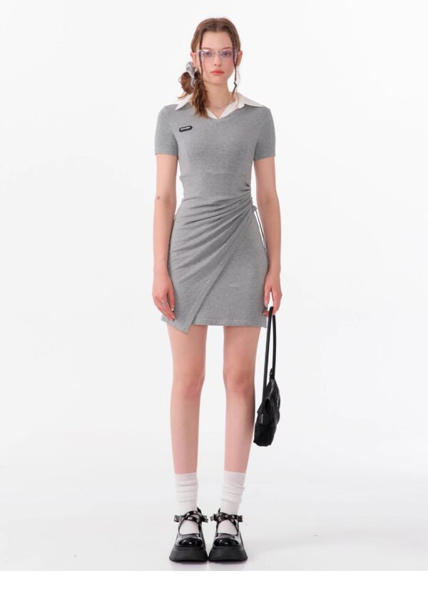 American Style False Two-Piece Dress - Polo Collar Short Sleeve Dress with Drawstring Waist & Smocking Details - Image 14