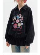 Vintage Button-Detail Polo Dress - Retro Print Pullover Sweatshirt Dress with Tailored Waist