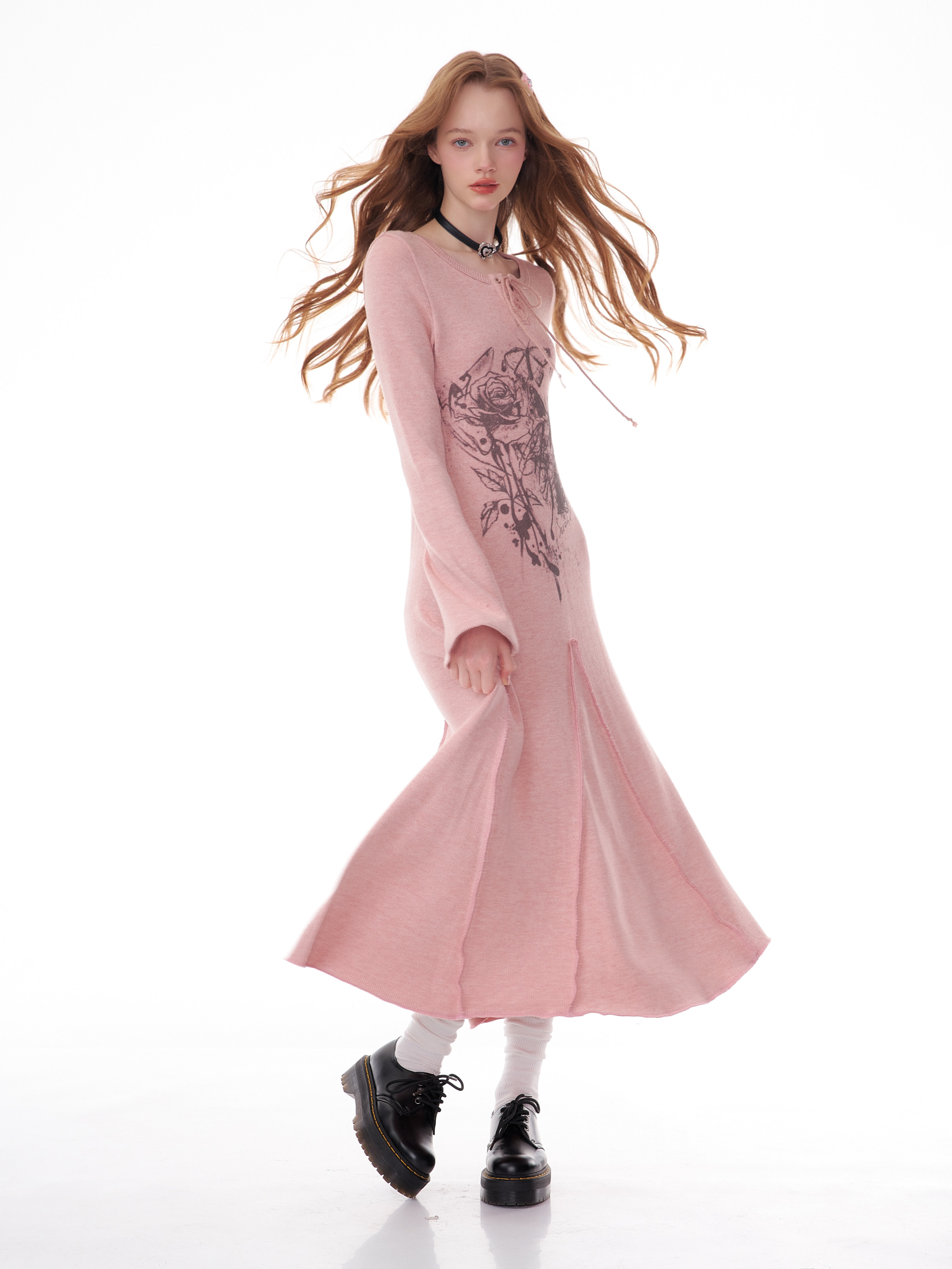Winter Rose Print Knit Dress - Heavyweight Wool Blend Long Sleeve Bodycon Midi Dress - Image 27