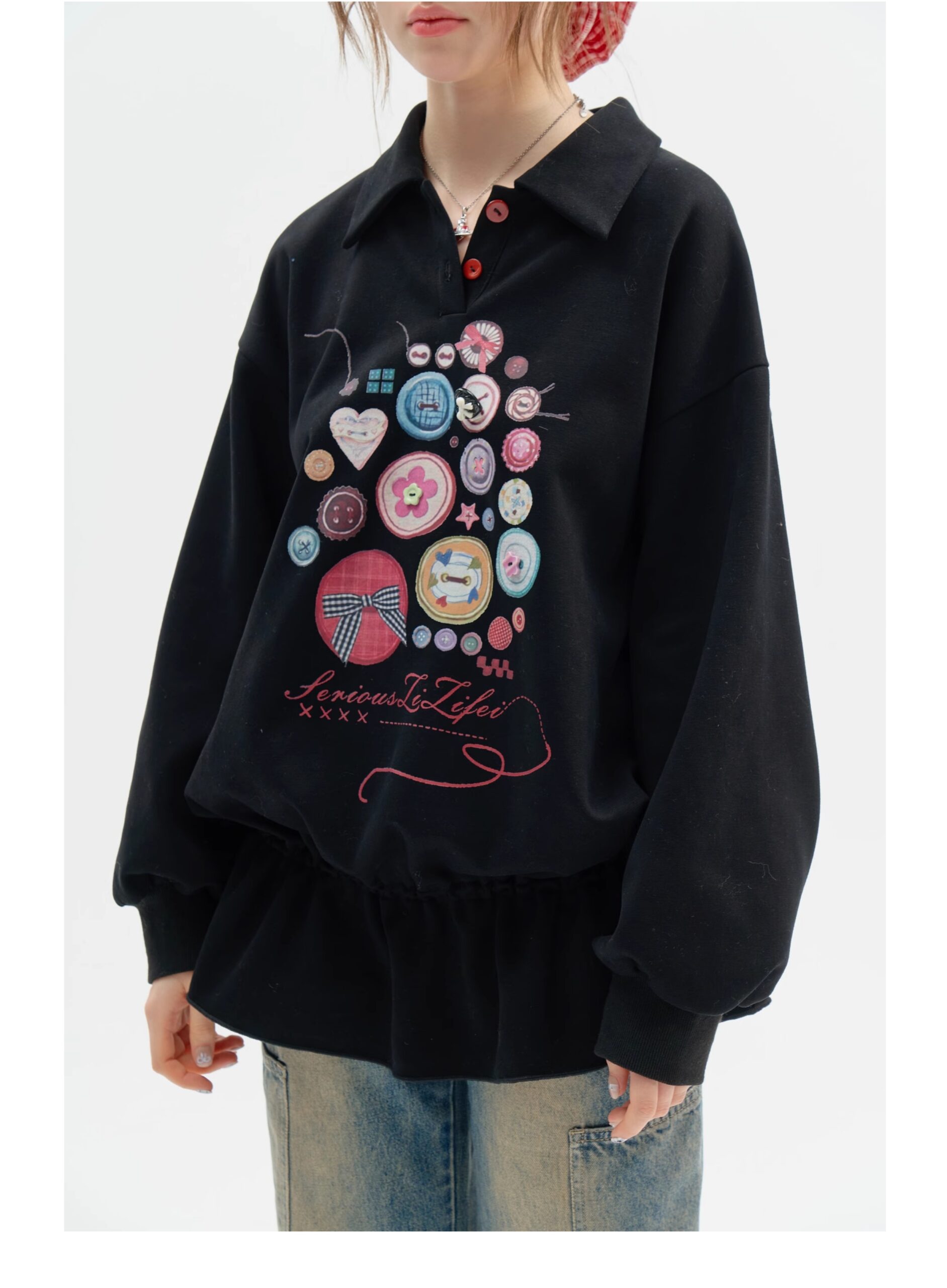 Vintage Button-Detail Polo Dress - Retro Print Pullover Sweatshirt Dress with Tailored Waist - Image 14