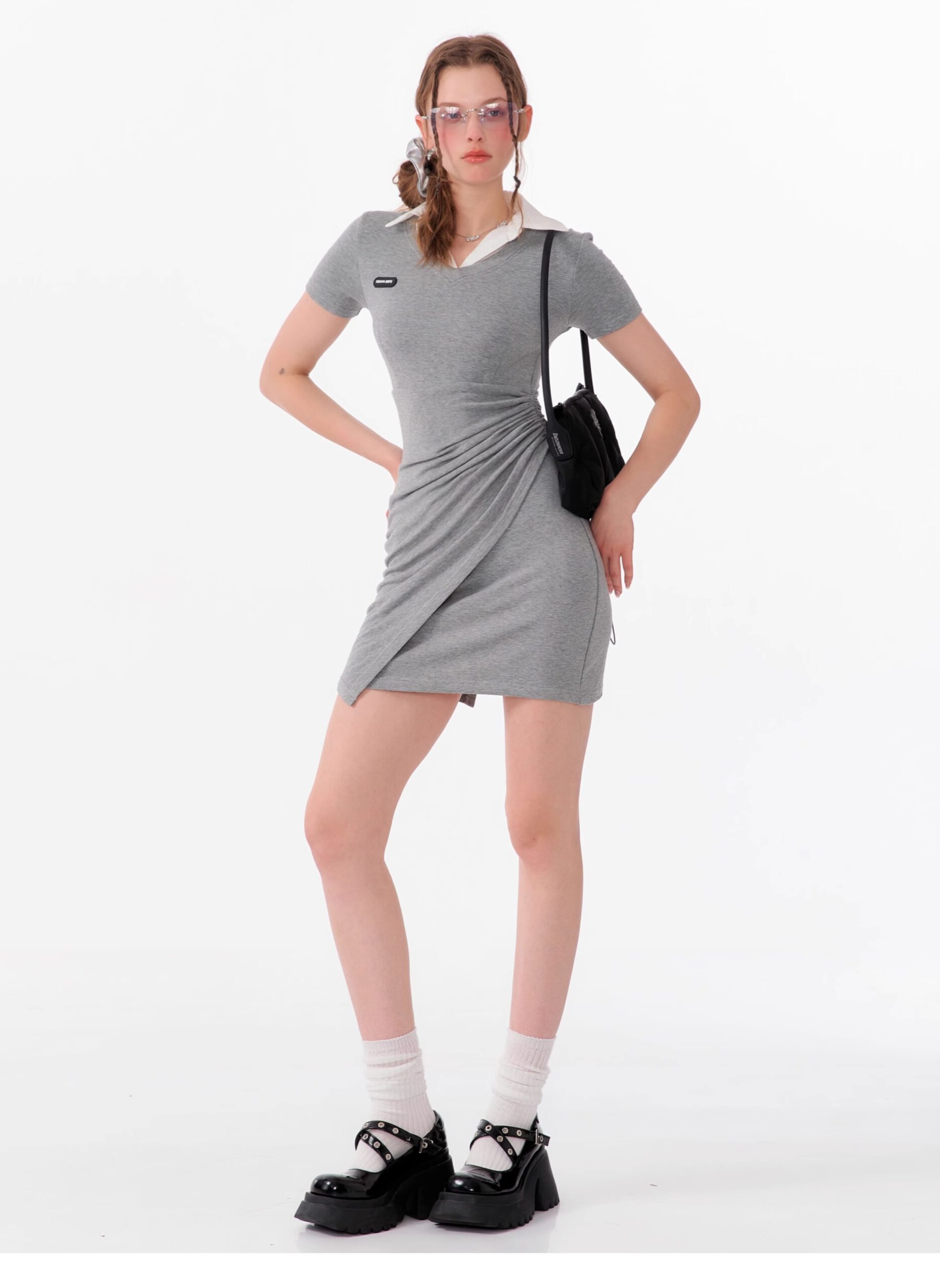 American Style False Two-Piece Dress - Polo Collar Short Sleeve Dress with Drawstring Waist & Smocking Details - Image 15