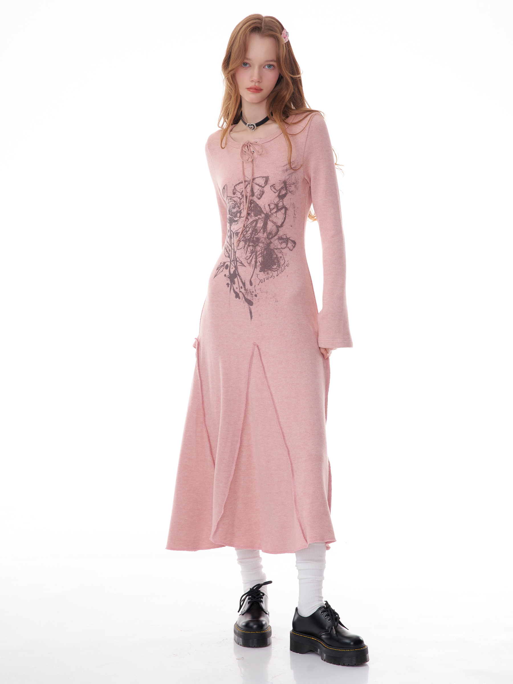 Winter Rose Print Knit Dress - Heavyweight Wool Blend Long Sleeve Bodycon Midi Dress - Image 28