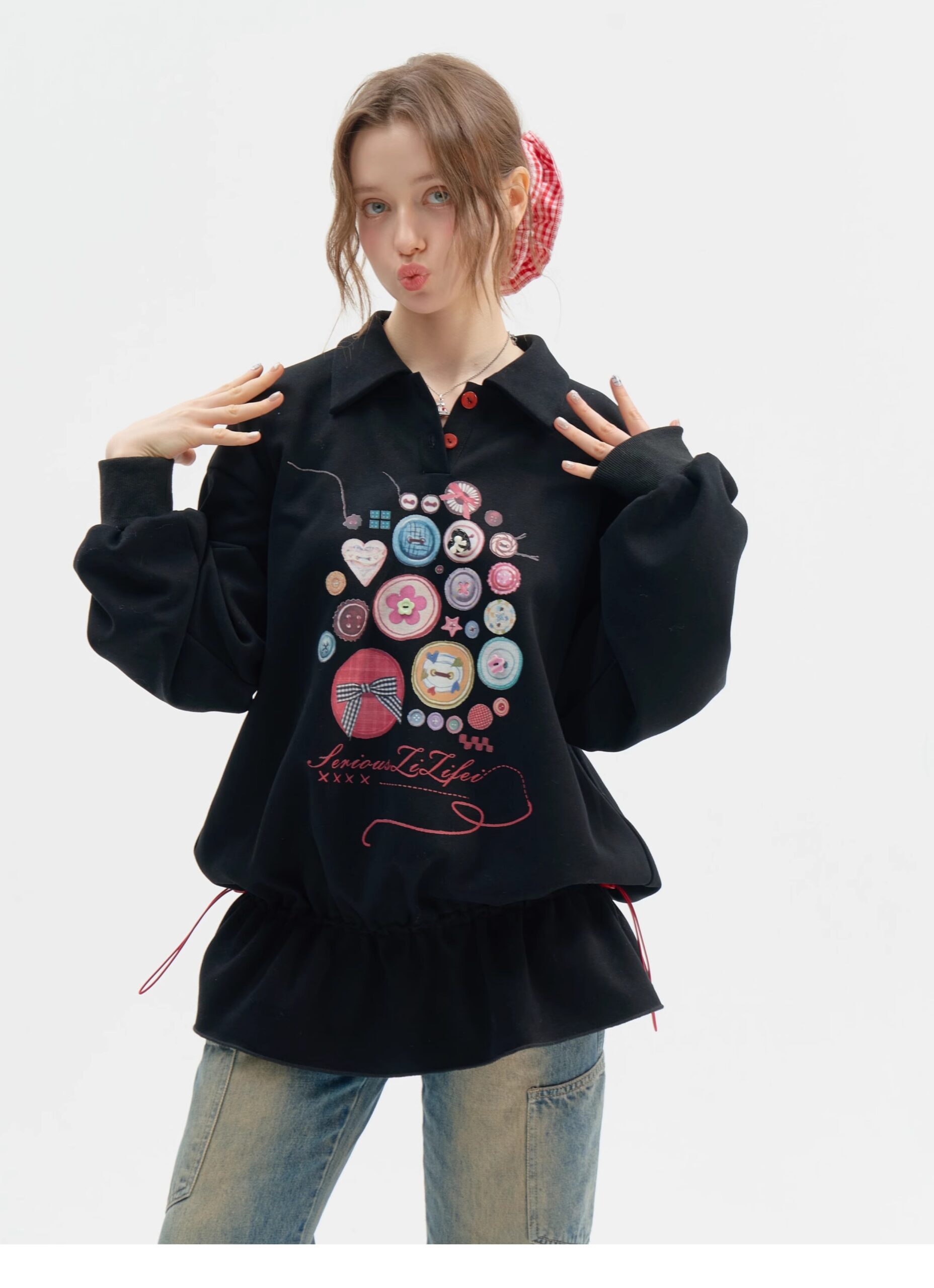 Vintage Button-Detail Polo Dress - Retro Print Pullover Sweatshirt Dress with Tailored Waist - Image 15