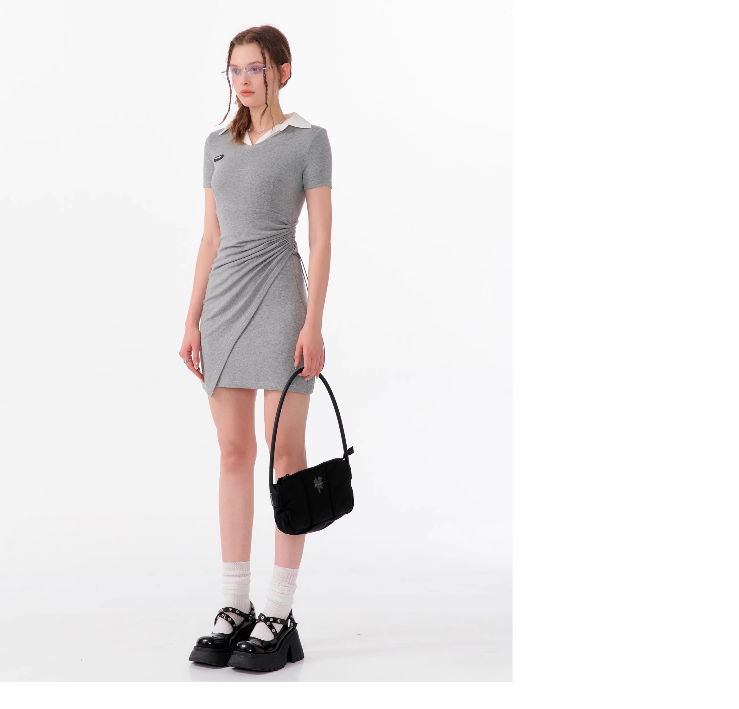 American Style False Two-Piece Dress - Polo Collar Short Sleeve Dress with Drawstring Waist & Smocking Details - Image 16