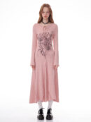 Winter Rose Print Knit Dress - Heavyweight Wool Blend Long Sleeve Bodycon Midi Dress