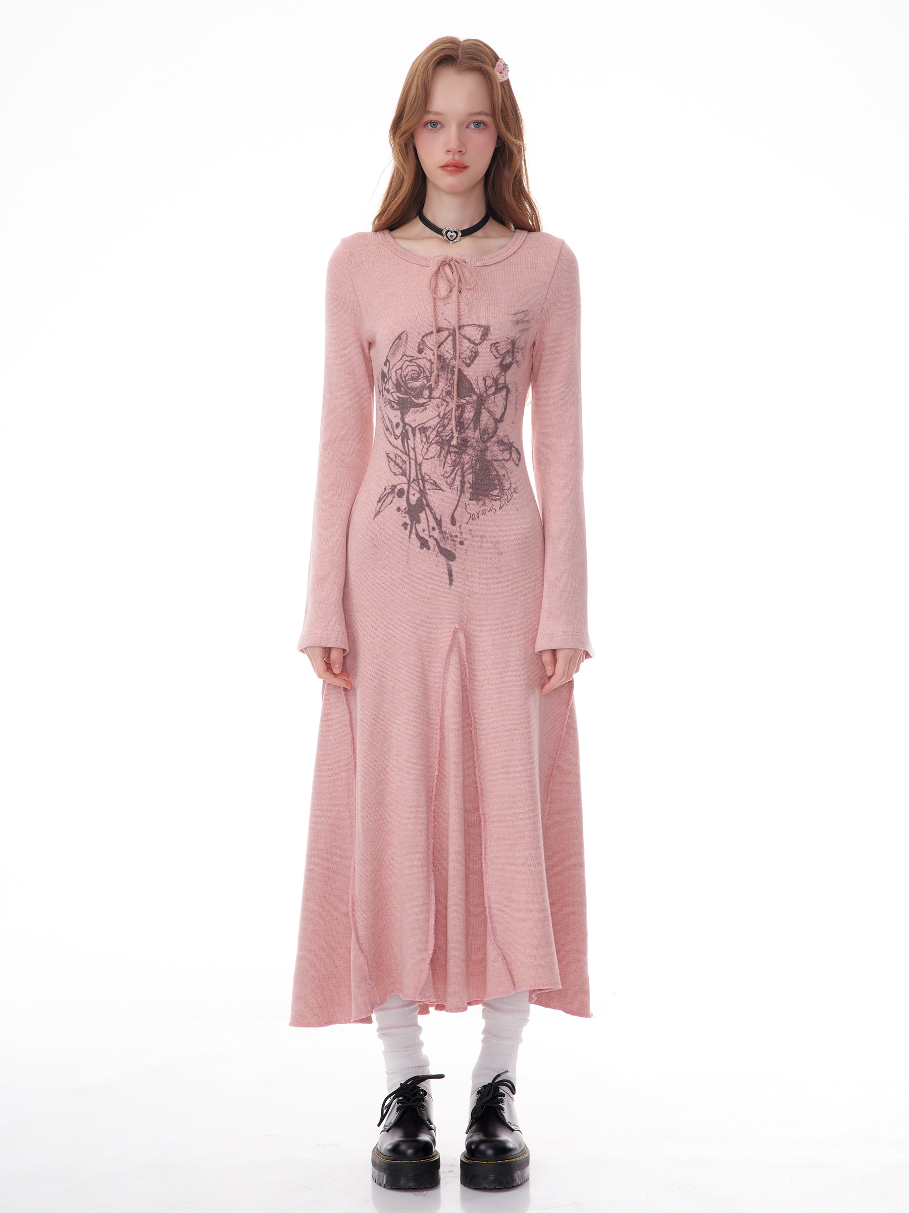 Winter Rose Print Knit Dress - Heavyweight Wool Blend Long Sleeve Bodycon Midi Dress - Image 30