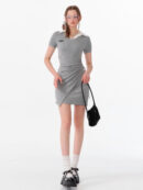 American Style False Two-Piece Dress - Polo Collar Short Sleeve Dress with Drawstring Waist & Smocking Details
