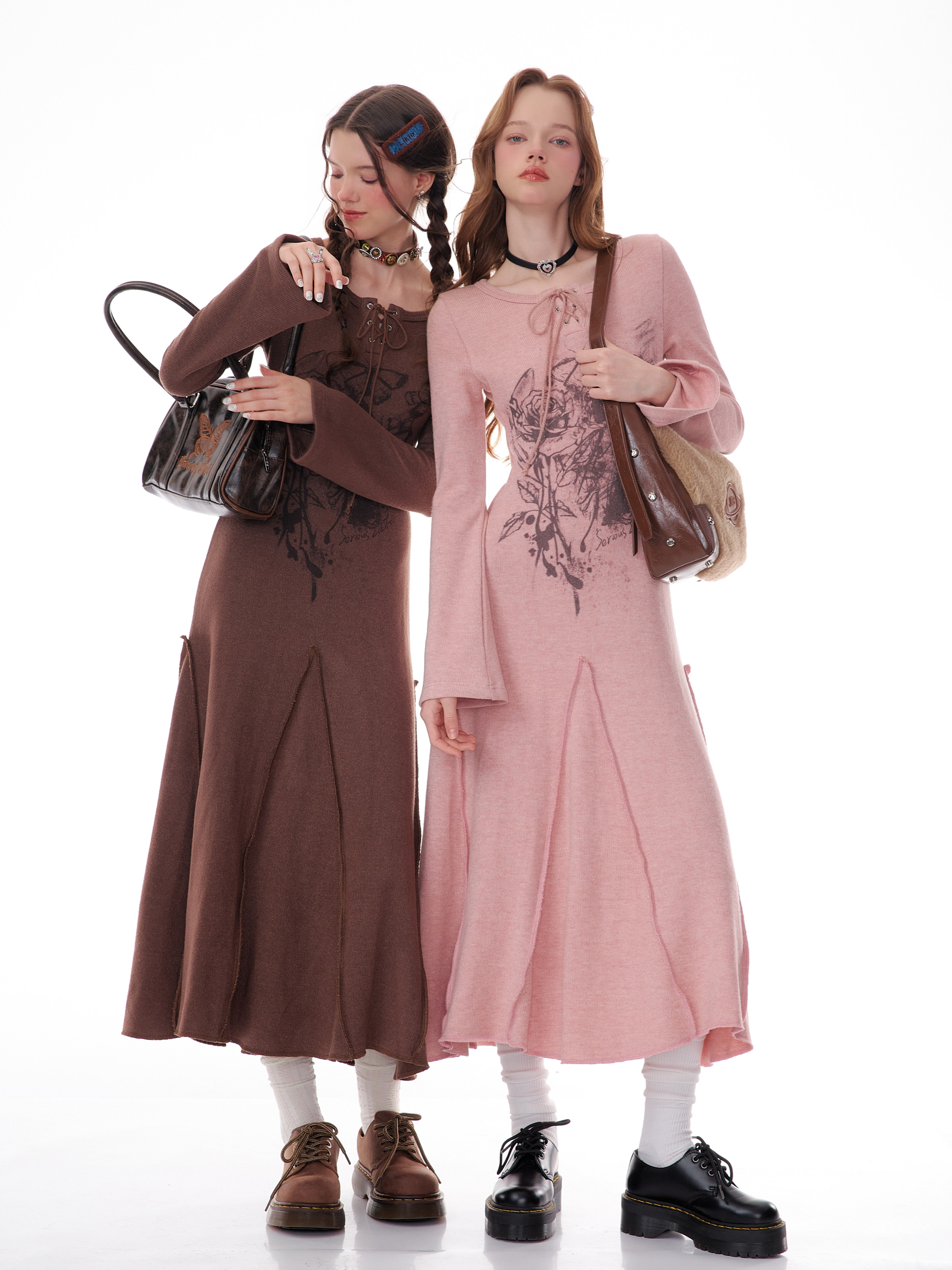 Winter Rose Print Knit Dress - Heavyweight Wool Blend Long Sleeve Bodycon Midi Dress - Image 31